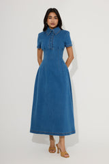 Cotton Mix Denim Collared Midi Dress