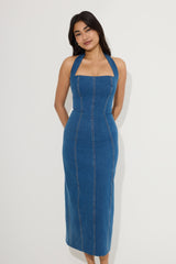 Cotton Mix Denim Halter Midi Dress