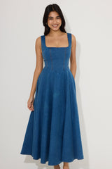 Cotton Mix Denim Square Neck Midi Dress