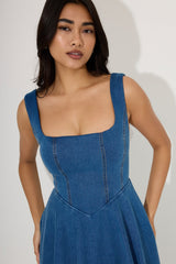 Cotton Mix Denim Square Neck Midi Dress