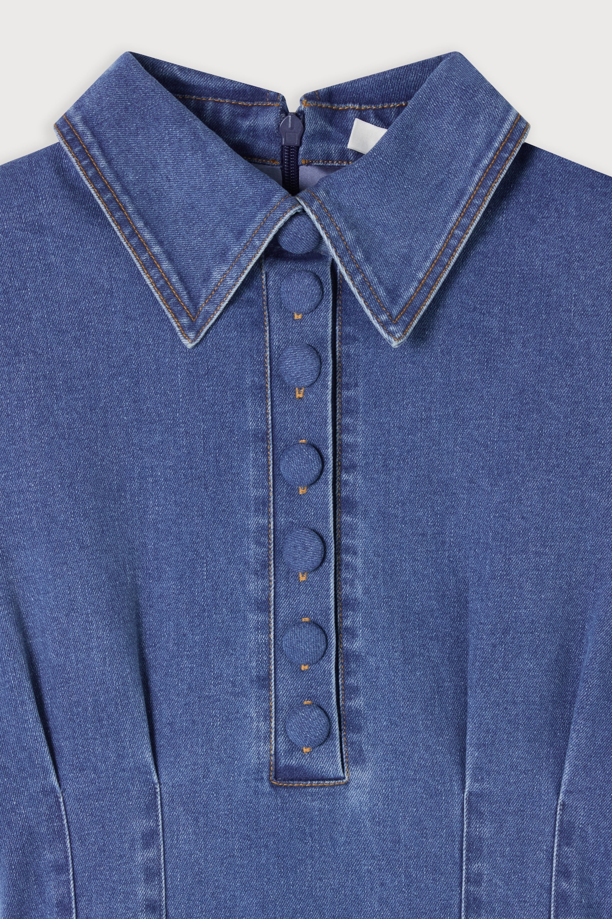 Cotton Mix Denim Collared Midi Dress