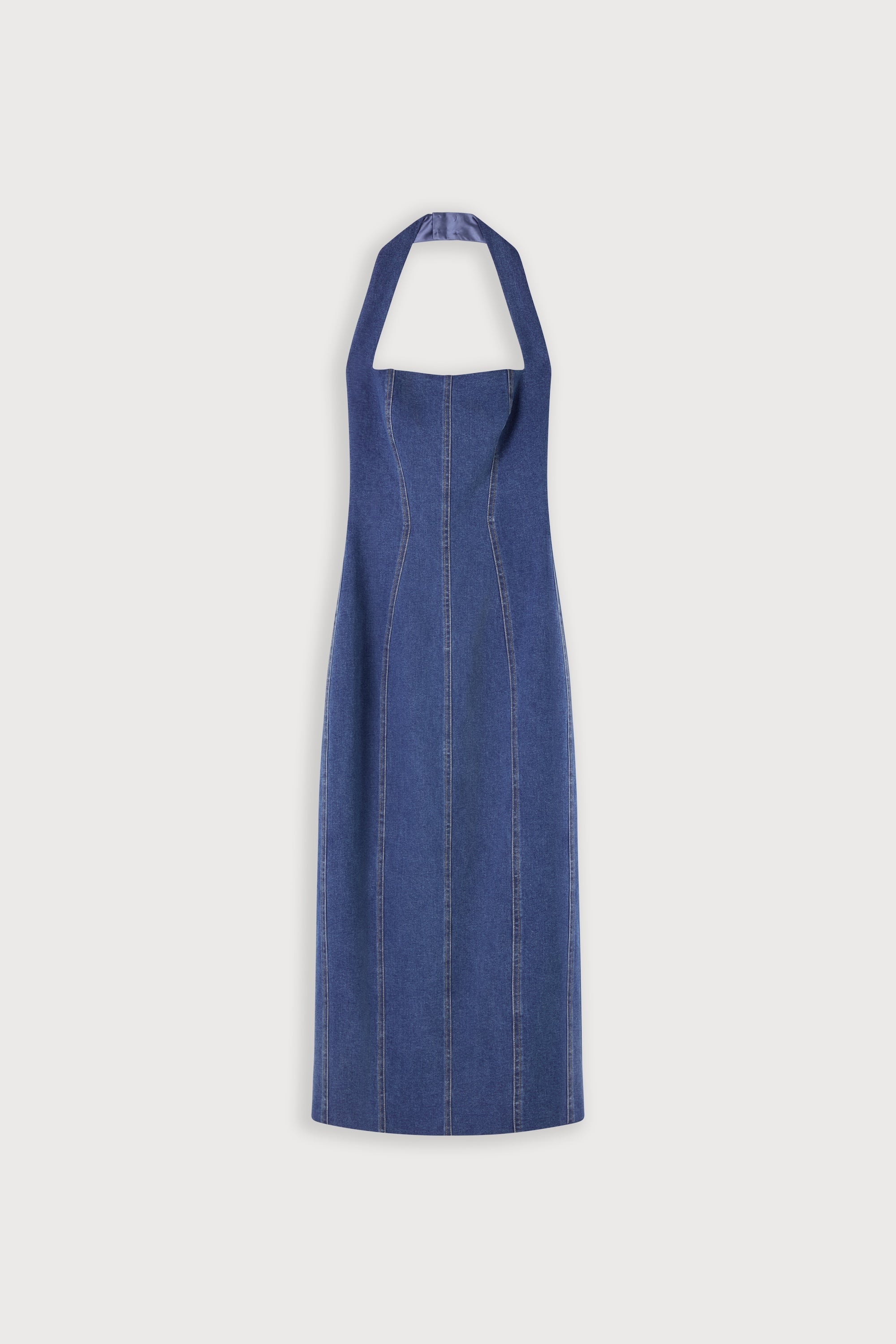 Cotton Mix Denim Halter Midi Dress
