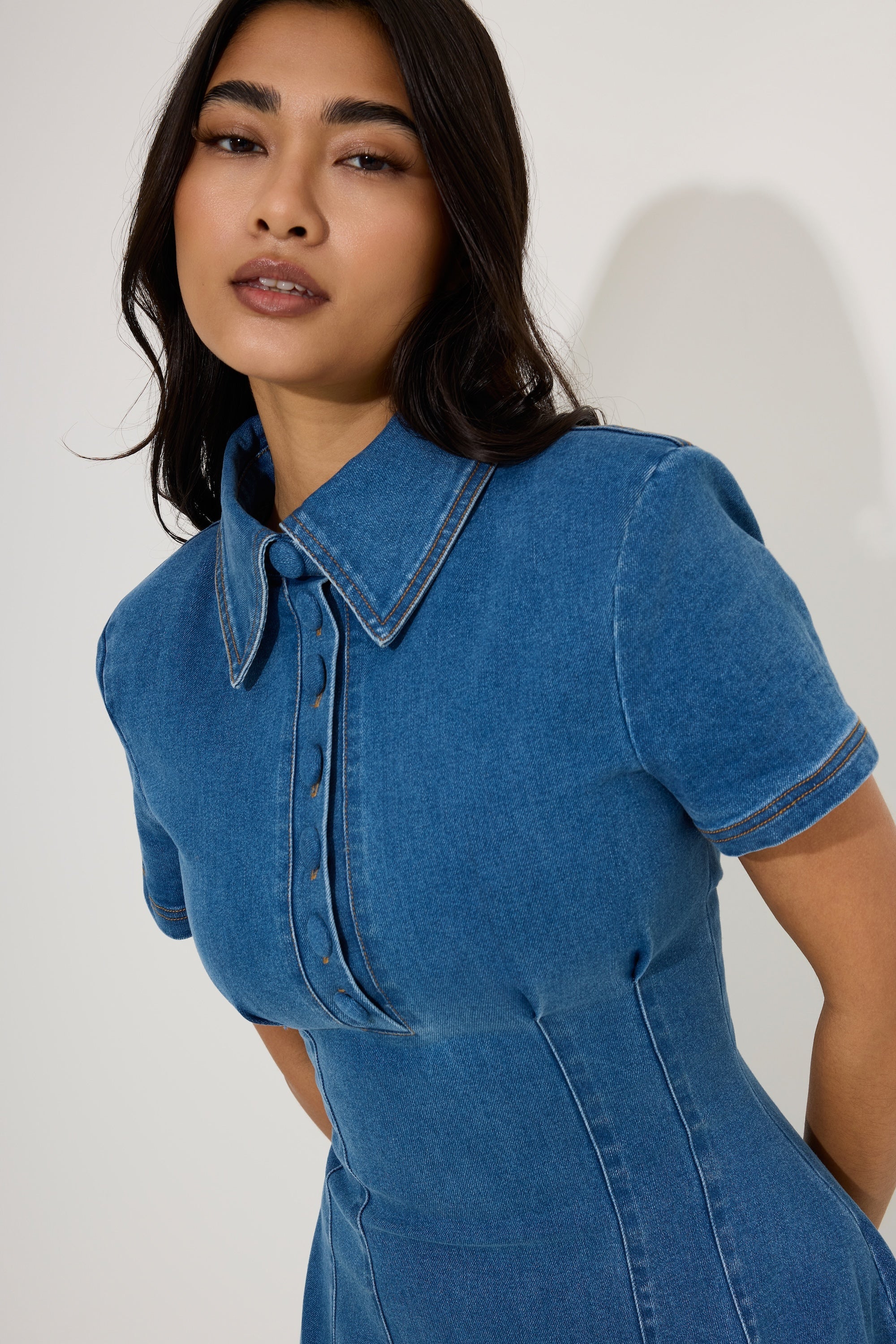Cotton Mix Denim Collared Midi Dress
