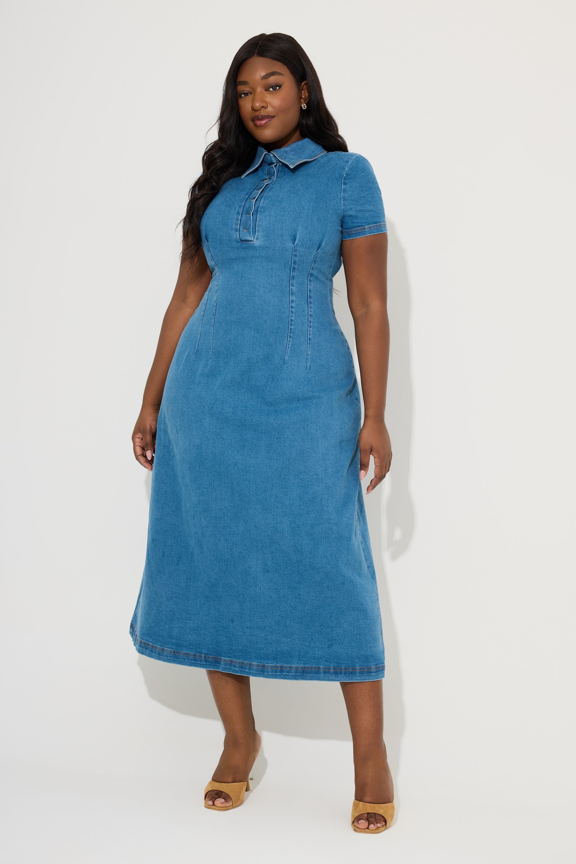 Cotton Mix Denim Collared Midi Dress