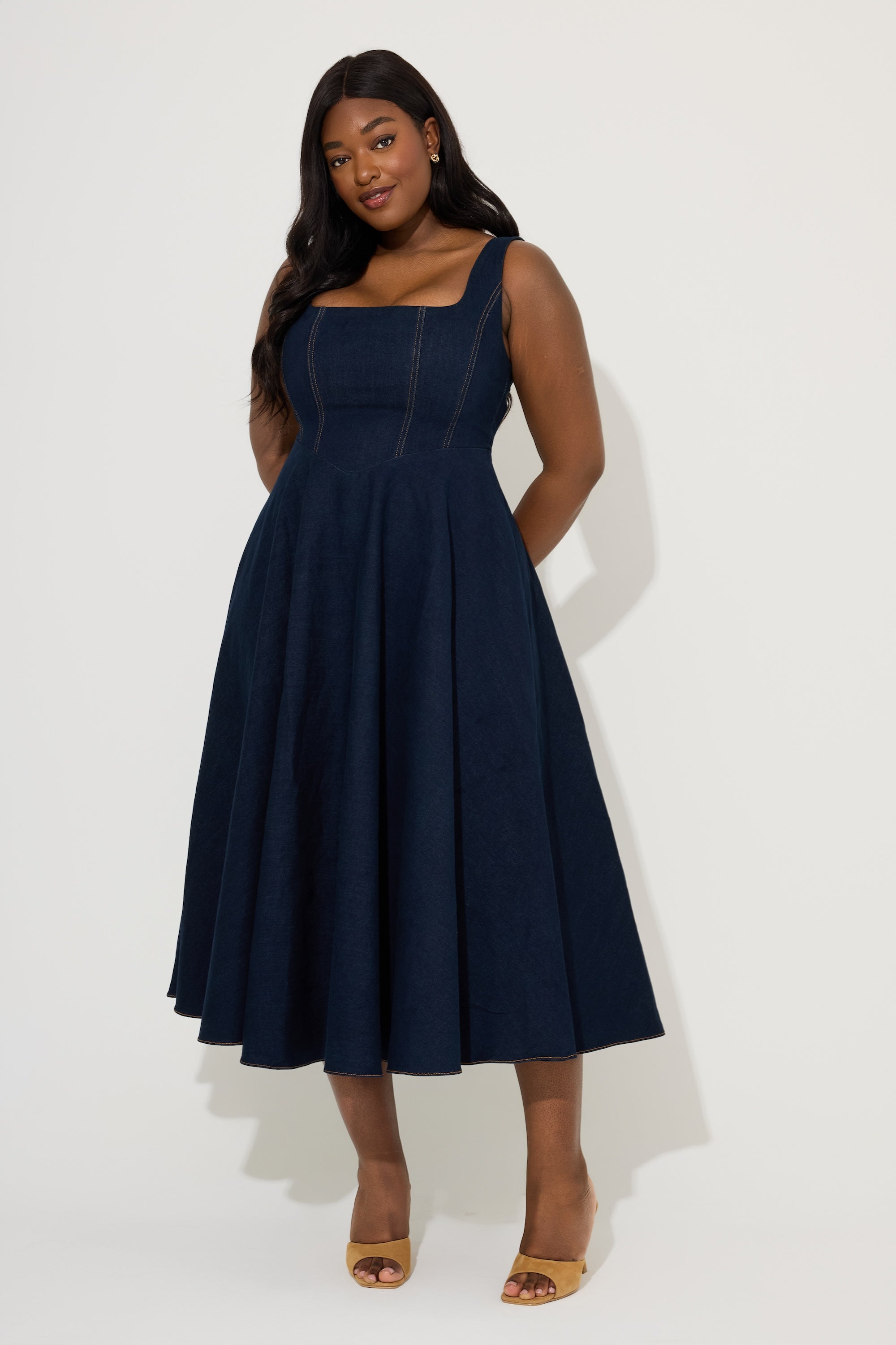 Cotton Mix Denim Square Neck Midi Dress