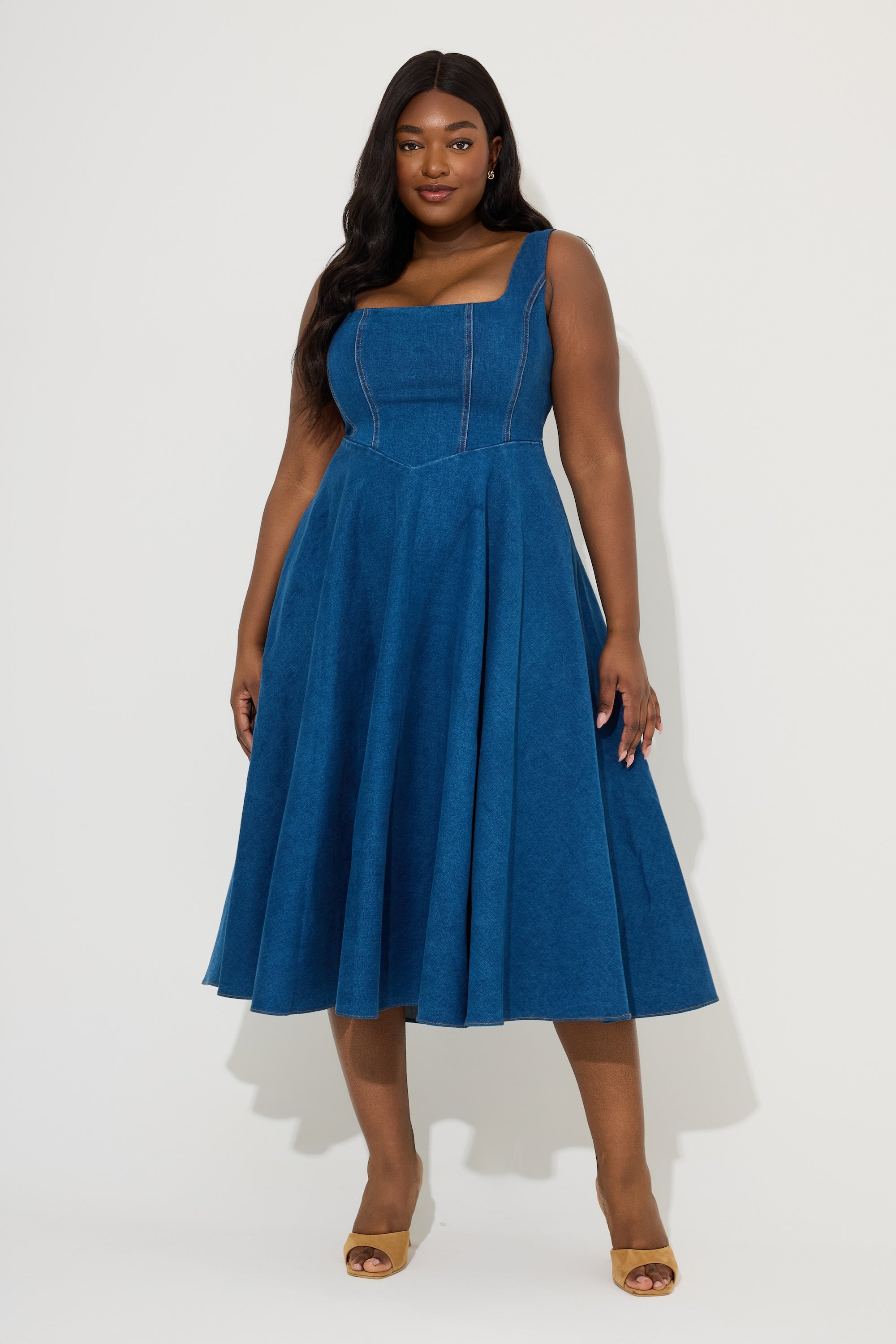 Cotton Mix Denim Square Neck Midi Dress