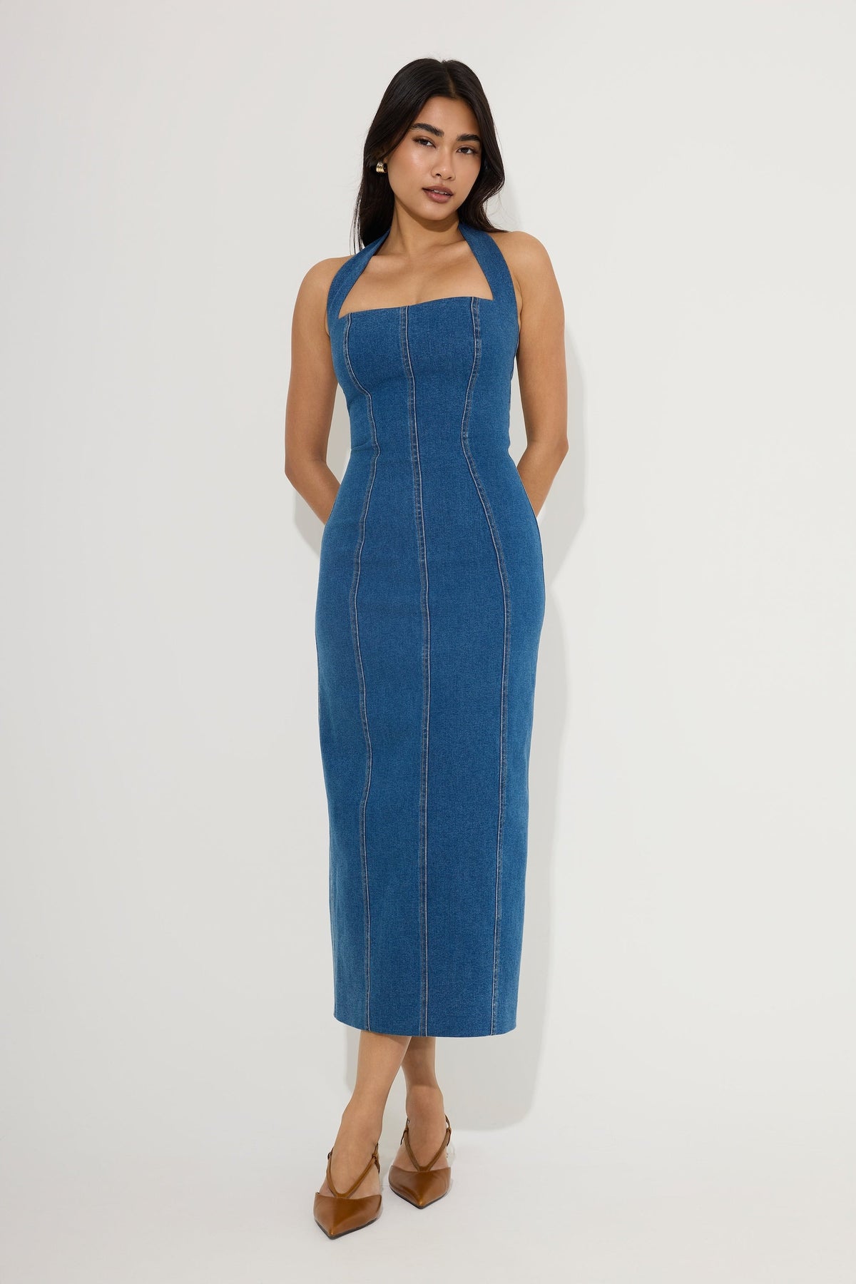 Cotton Mix Denim Halter Midi Dress