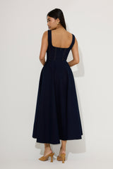Cotton Mix Denim Square Neck Midi Dress