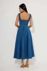Cotton Mix Denim Square Neck Midi Dress